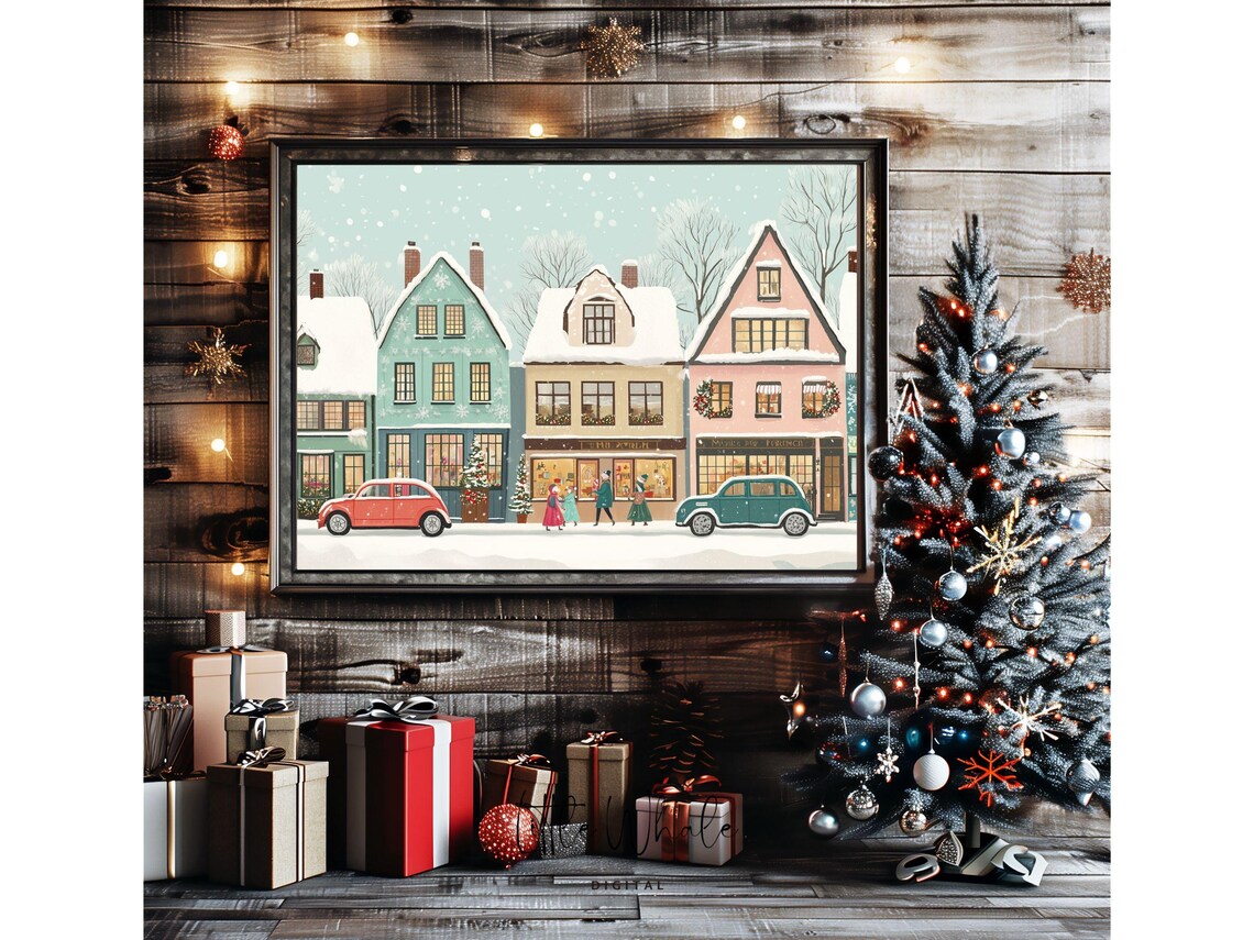 Vintage Cars On A Snowy Christmas Street Horizontal Retro Poster - Image 2