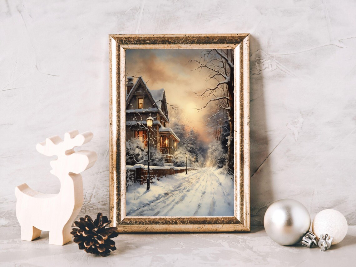 Victorian House at Sunset with Lamppost Snowy Street Art Print - Image 3