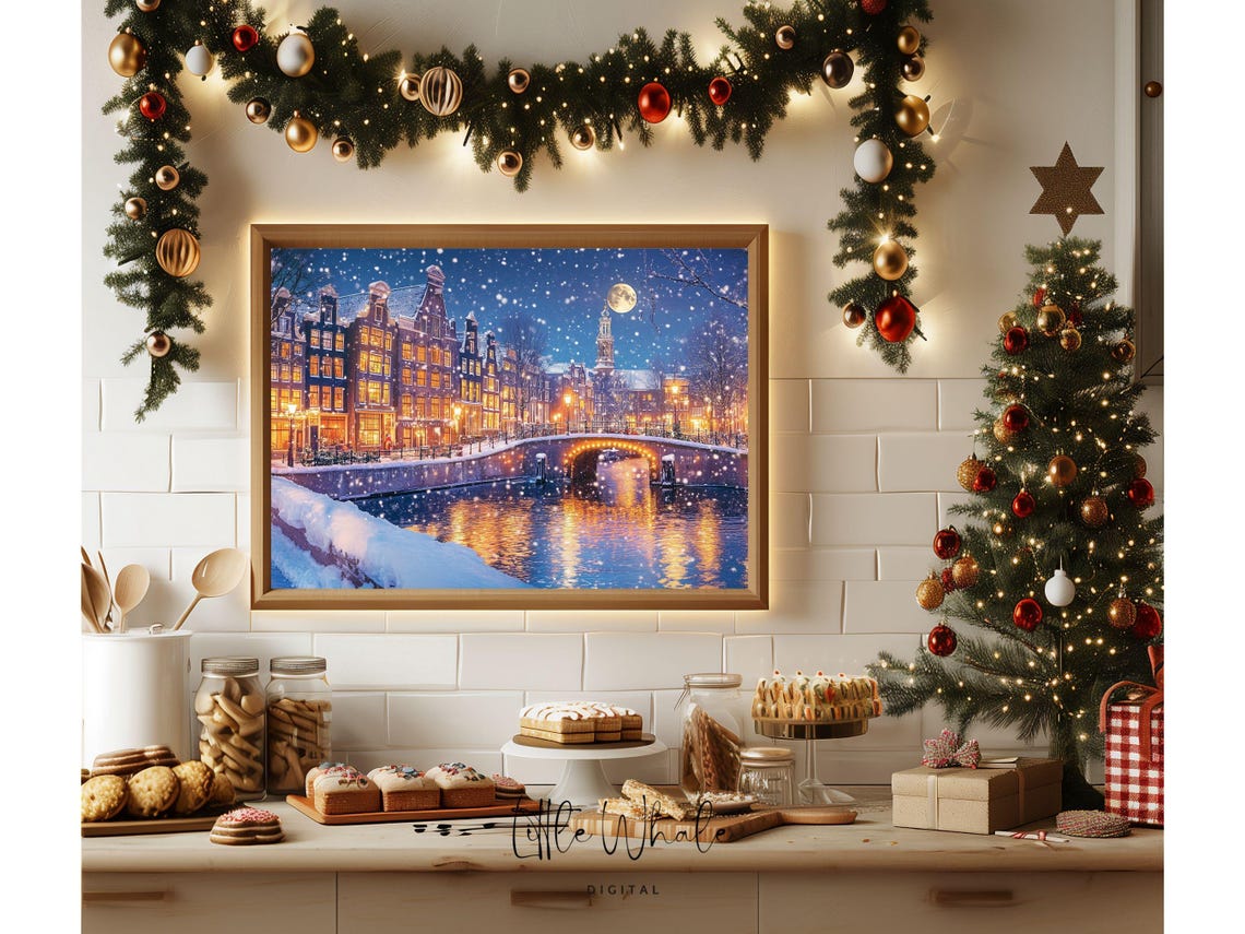 Amsterdam Canal on a Snowy Night with Moon and Glowing Houses Poster - Image 3