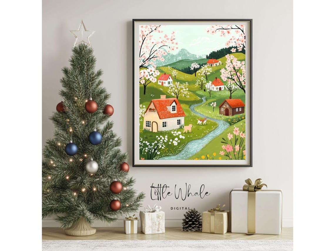 Blossoming Spring Village Countryside Cottage Landscape Wall Art - Image 2