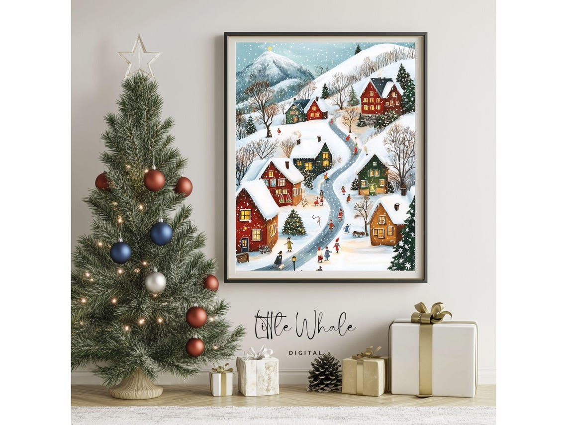 Snowy Christmas Mountain Village Kids Sledding Cozy Scene Poster - Image 3