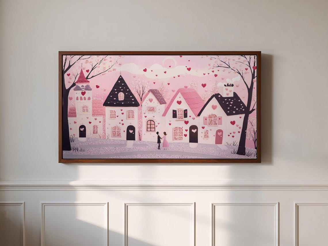 Pink Valentine's Village Couple Under Heart Filled Sky Scene Poster - Image 2