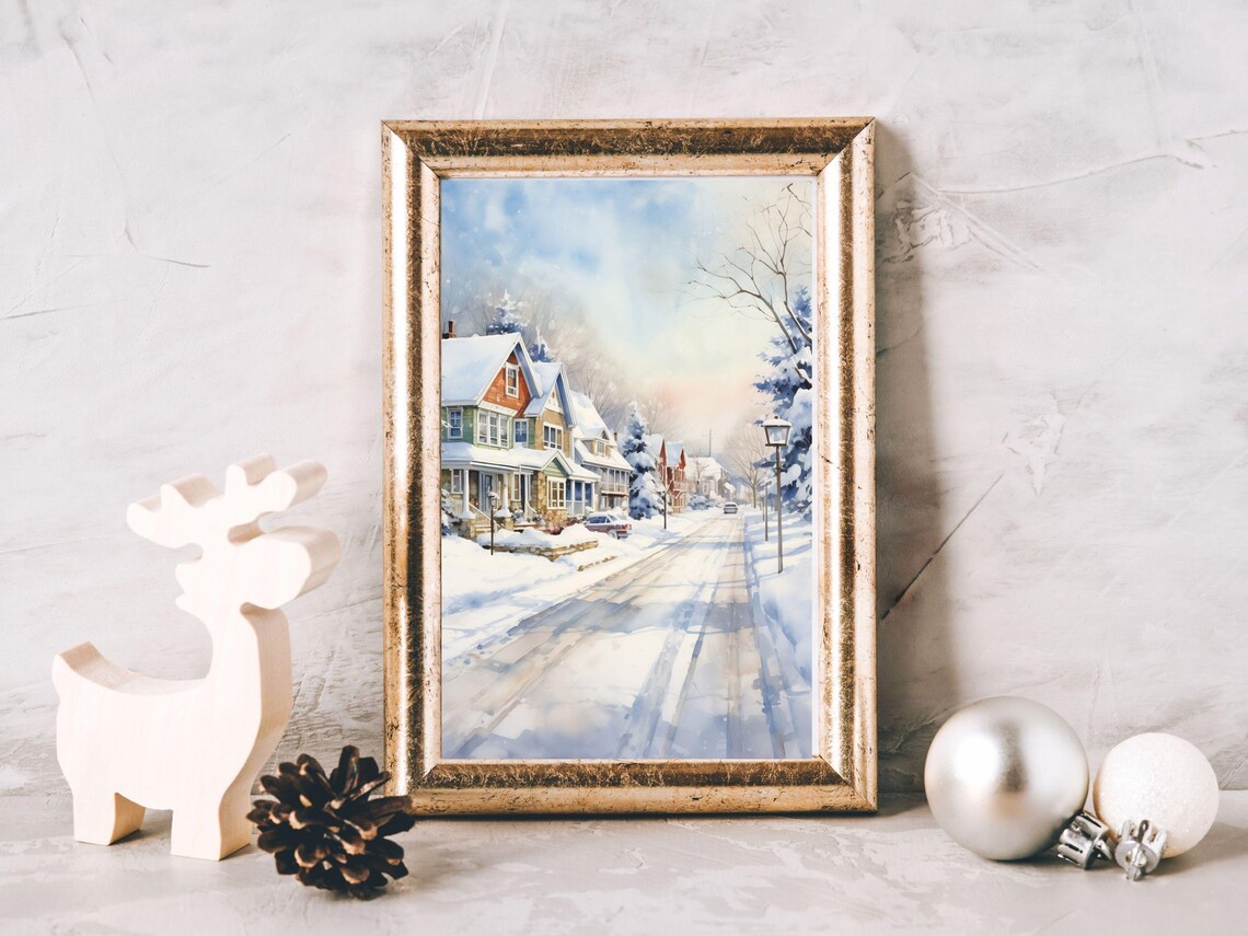 Snowy Suburban Street Winter Scene with Cozy Houses Watercolor Poster - Image 2