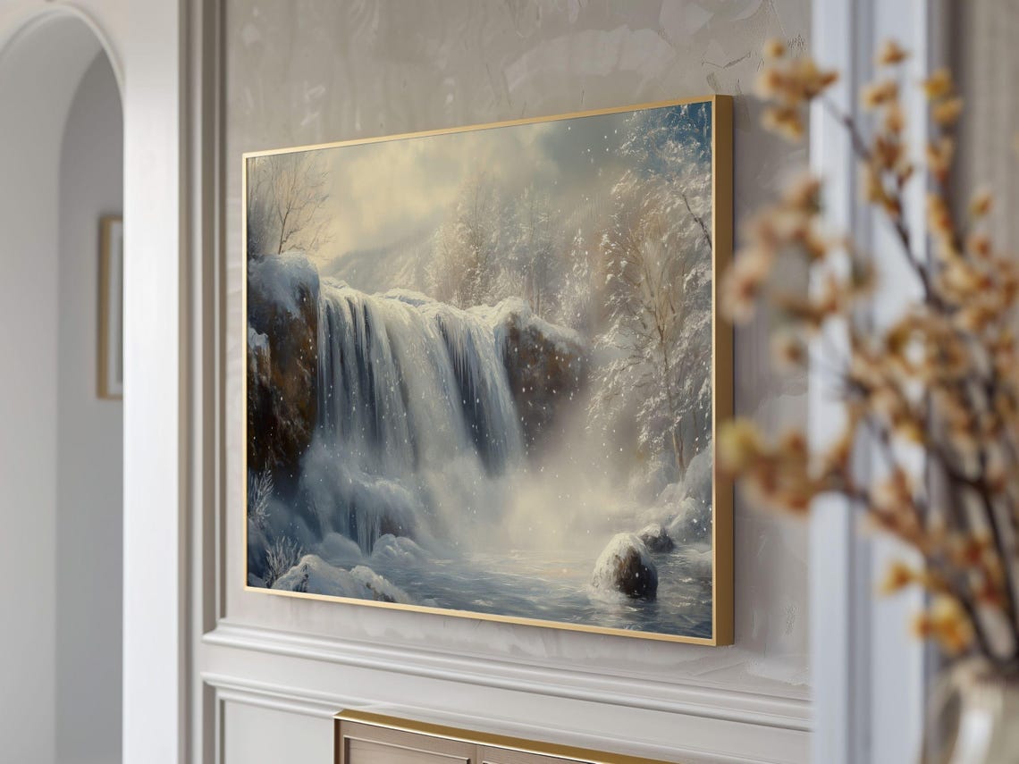 Frozen Waterfall In A Snowy Winter Forest Nature Scene Poster