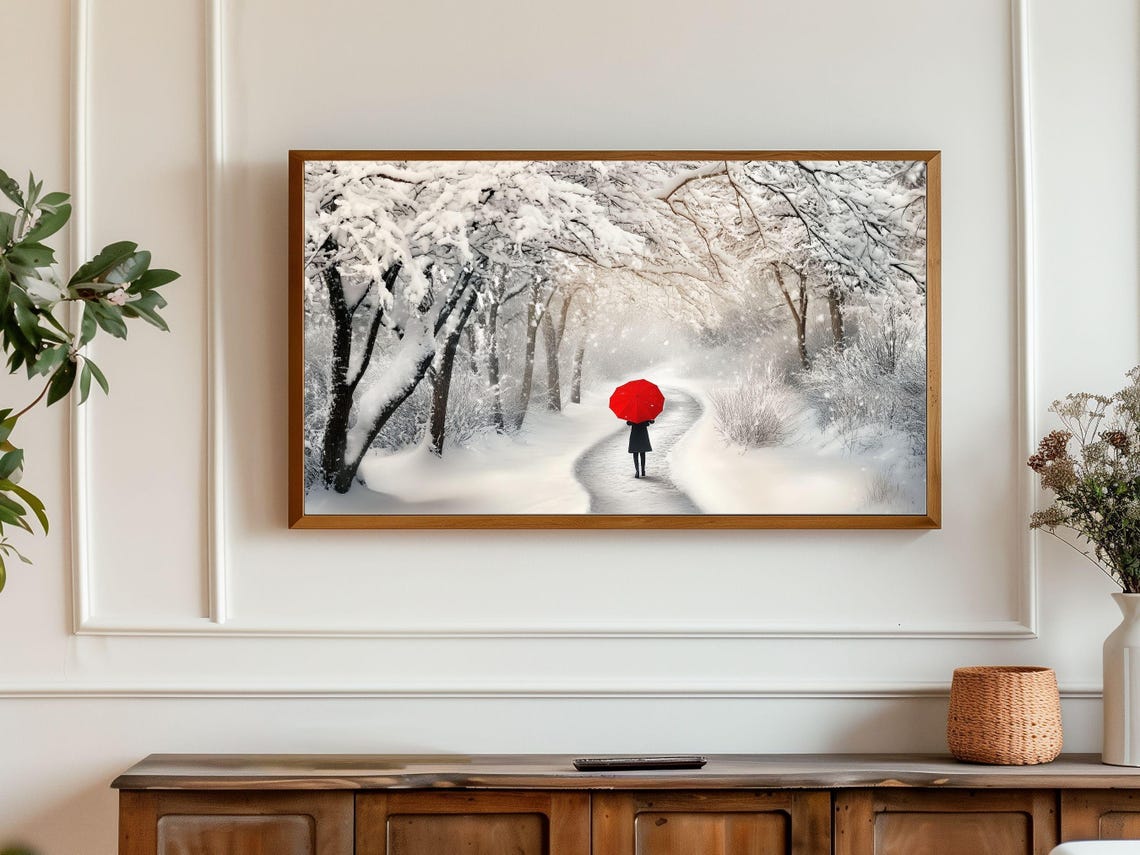 Snowy Winter Forest Path Figure With Red Umbrella Walking Poster - Image 2