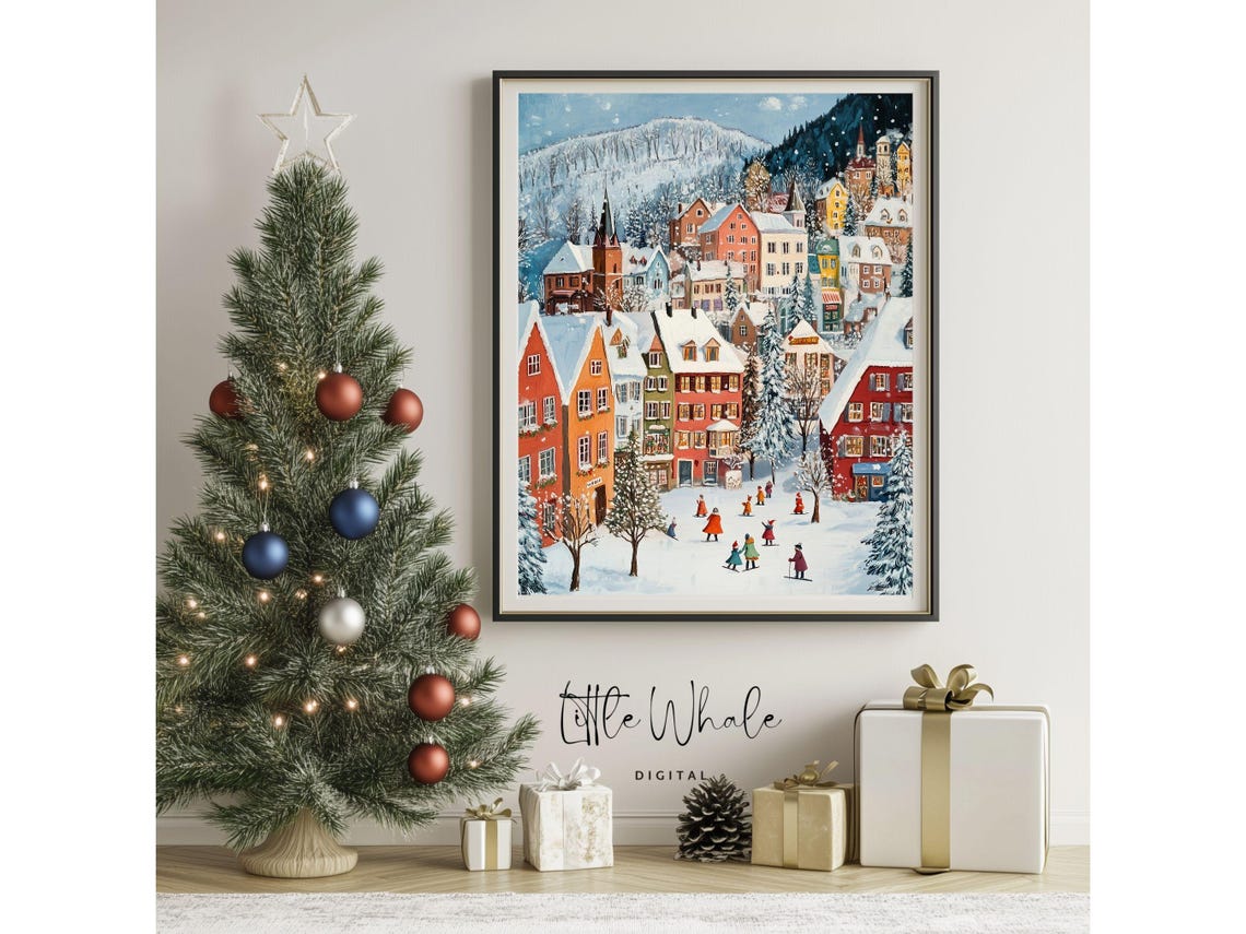 Snowy Mountain Town With Skiers In A Festive Winter Village Poster - Image 3