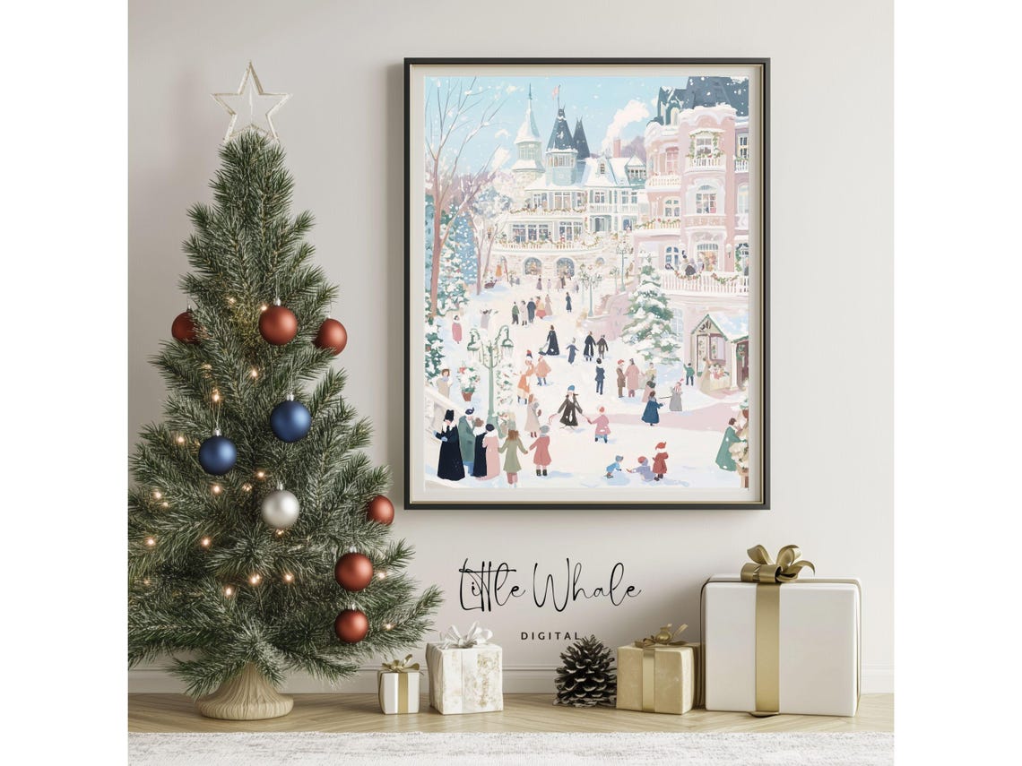 Pastel Winter Plaza with Pink Palaces and Holiday Crowds Poster - Image 3