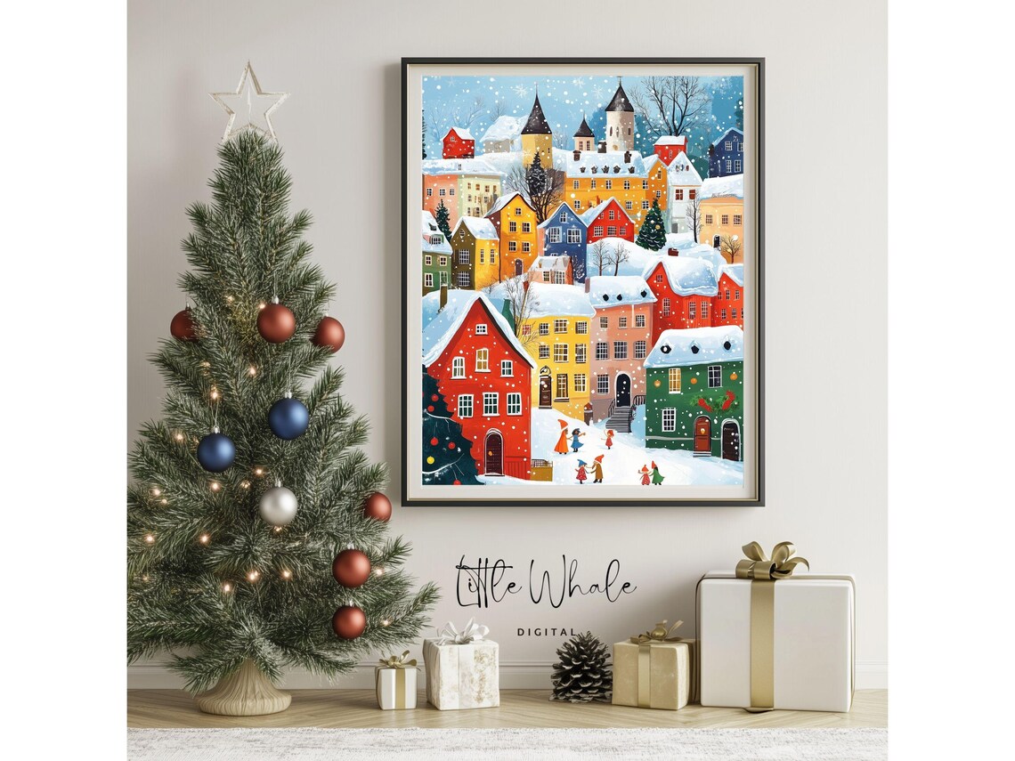 Snowy Christmas Town Colorful Houses Kids in Snow Holiday Poster - Image 3
