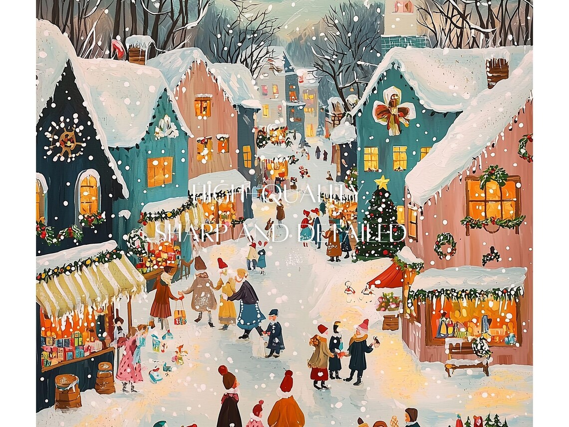 Snowy Christmas Market Wall Art Cozy Winter Town Print Holiday Home Decor Pastel Xmas Village Seasonal Art - Image 2