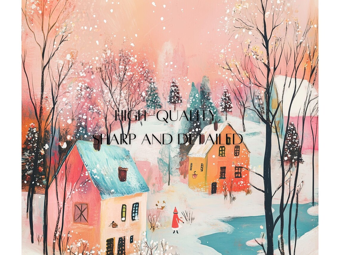 Dreamy Snowy Winter Village With Pink Sky And Frozen Creek Poster - Image 2