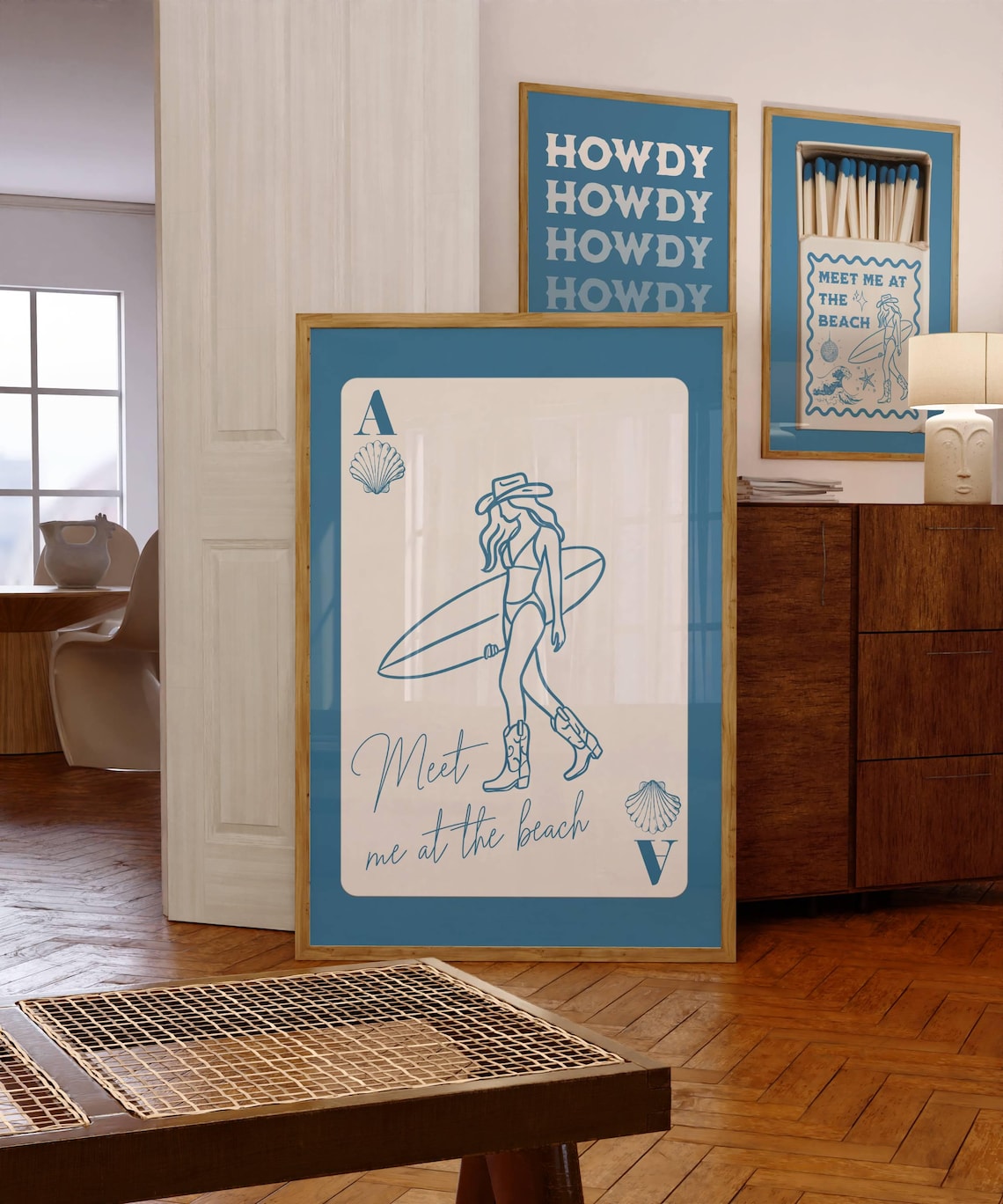 Meet Me At The Beach Surfer Cowgirl Ace Card Blue Line Art Wall Poster