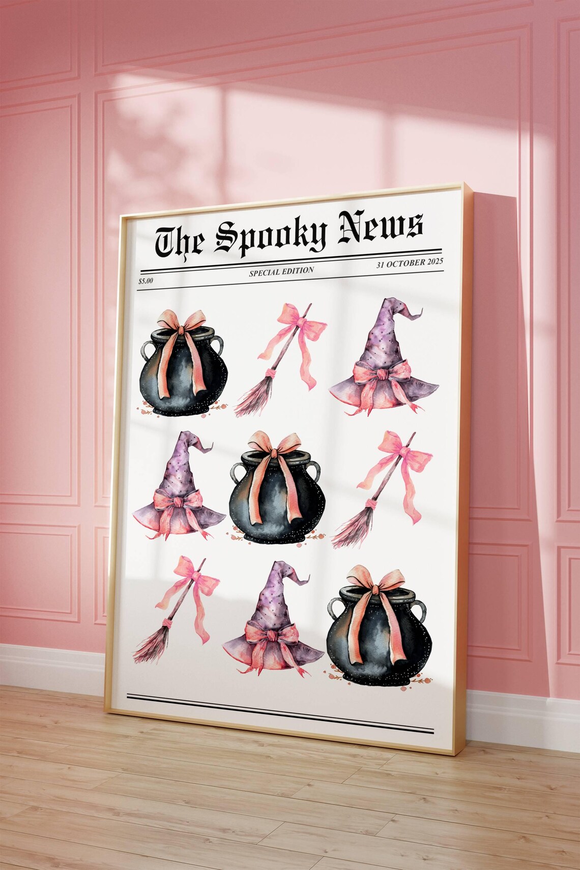 Pink Halloween Witch Print Decor Vintage Witchy Wall Art Newspaper Spooky