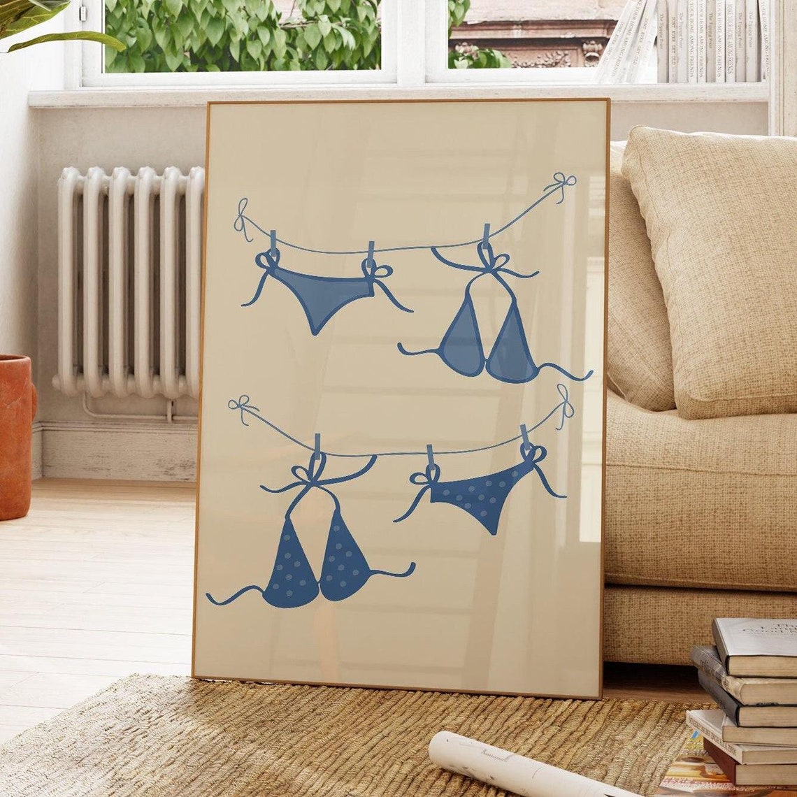 Blue Bikini Clothesline Coquette Coastal Summer Girly Art Poster