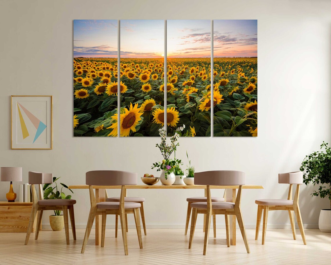 Sunflower Field at Sunset Golden Blooms Horizon 3 Panel Wall Art - Image 5