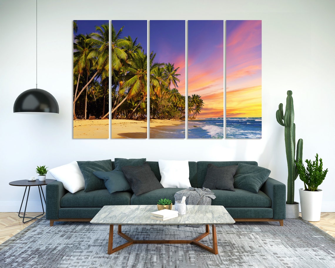 Tropical Palm Trees Sunset Beach Golden Sand Ocean Waves Travel Poster - Image 2