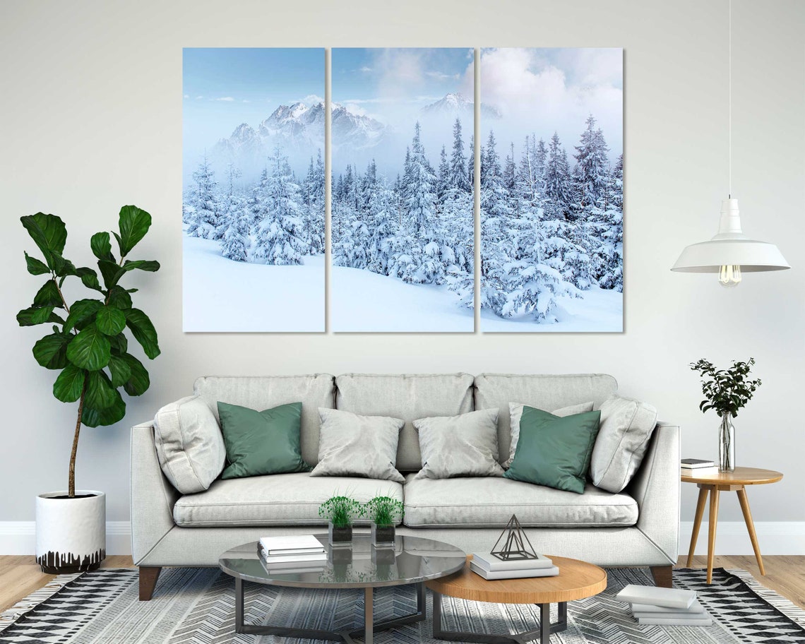 Snowy Mountain Forest Winter Landscape Blue 3 Panel Split Poster - Image 3