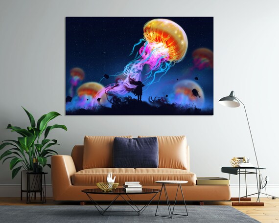 Colorful Jellyfish Floating In The Sky Print On Art Style Illustration Painting Wall Art Big Jellyfish Art Original Art