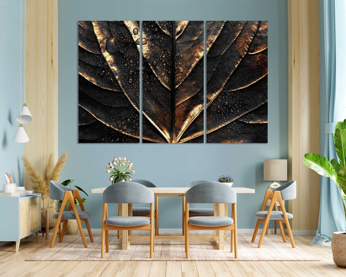 Golden Leaf With Water Droplets Dark Background Botanical Wall Poster - Image 3