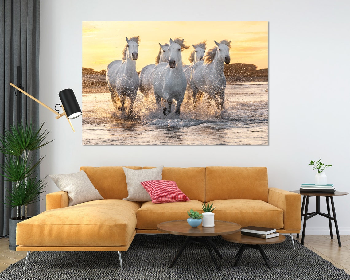 White Horses Galloping Through Water at Golden Sunset Horse Poster - Image 5