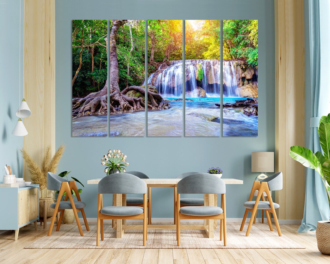 Forest Waterfall With Emerald Pool In Nature Home Decoration Forest River Wall Painting Waterfall Print Sets Green Forest Wall Art - Image 3