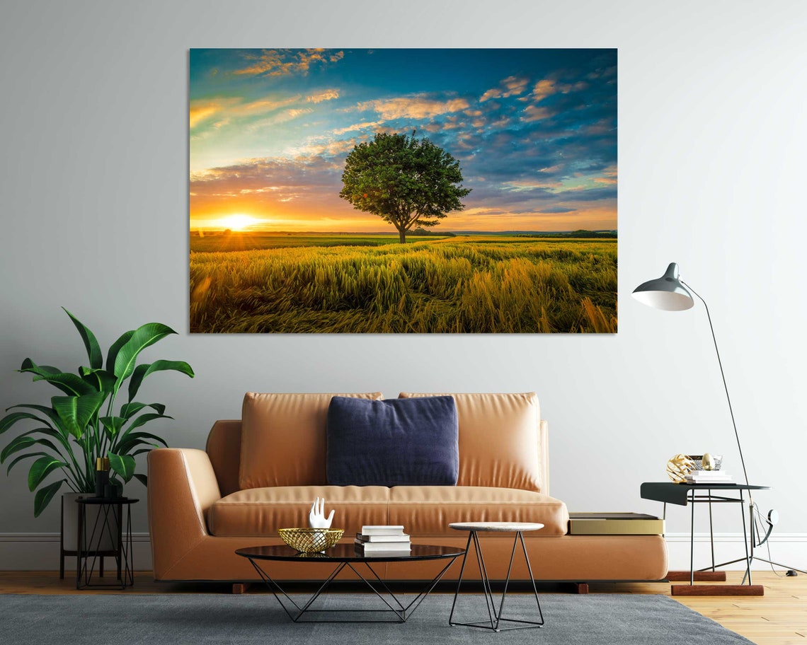 Lone Tree Golden Wheat Field Sunset Dramatic Clouds Nature Poster
