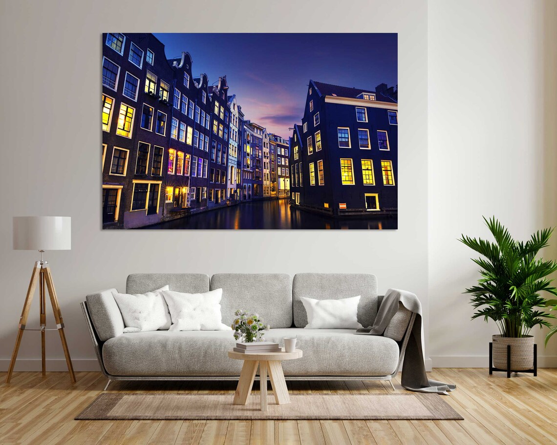 Amsterdam Canal Night City Lights Old Town Houses Travel Poster