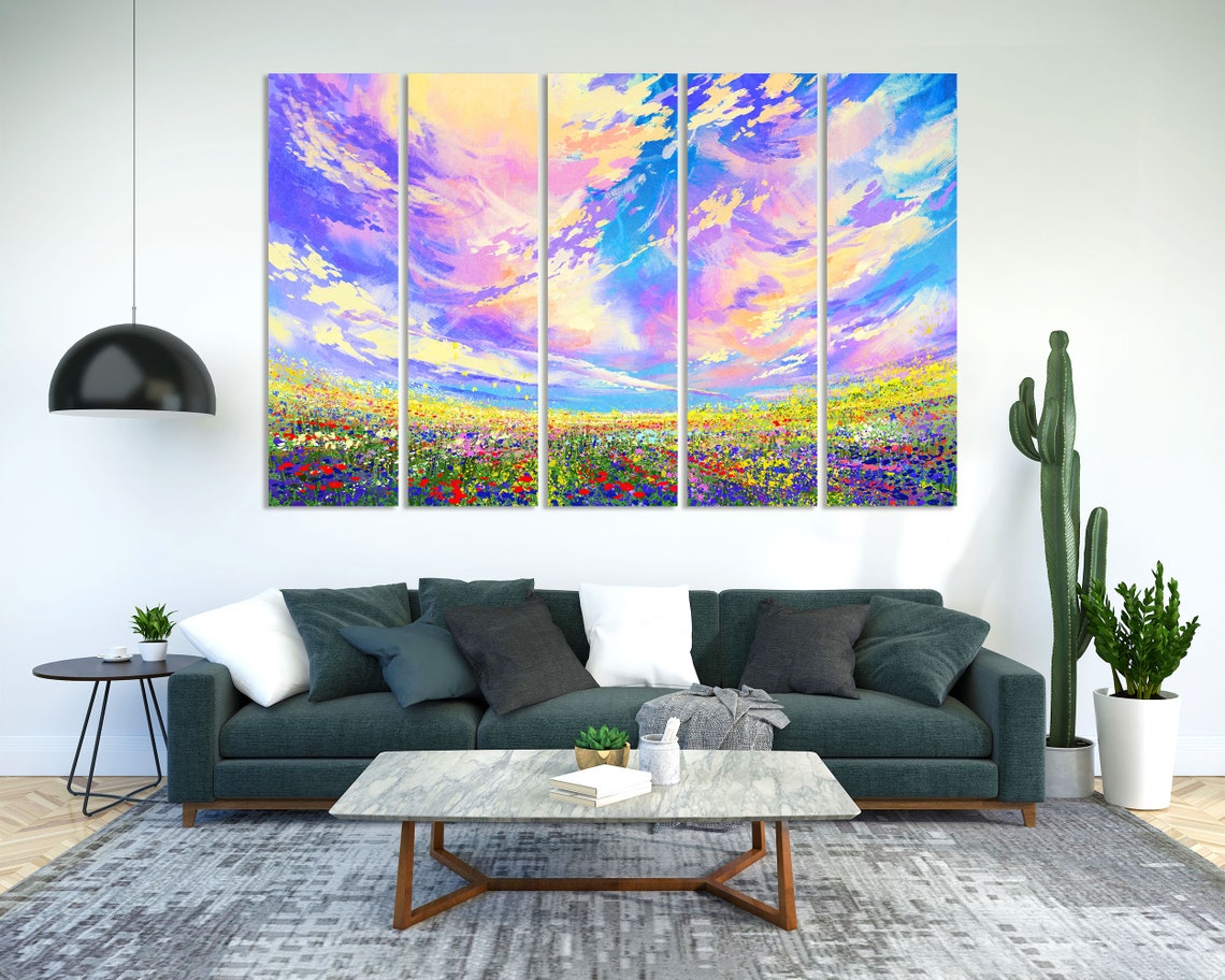 Colorful Abstract Wildflower Field Meadow Painting Vibrant Sky Print - Image 2