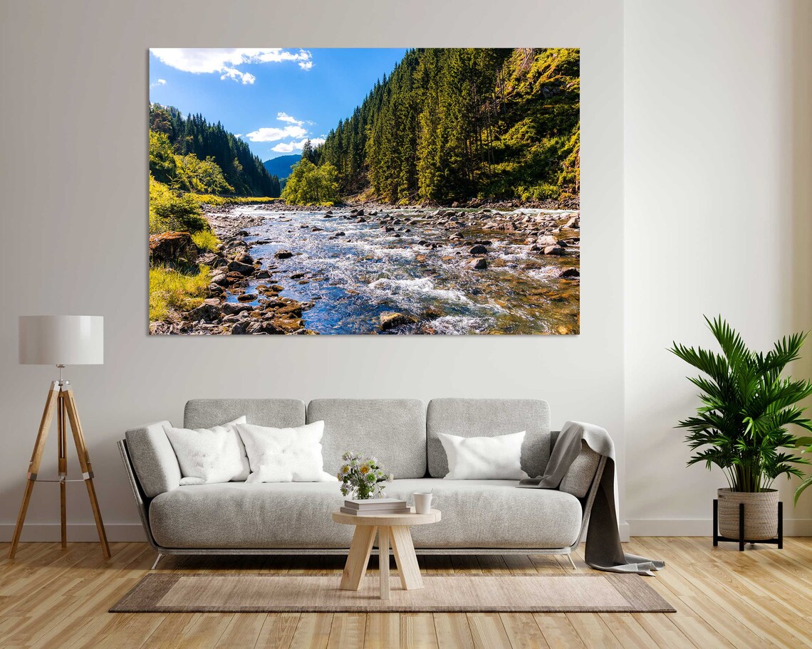 Sunny Landscape For Wall Mountains River Painting On Green Forest Picture Art For Wall Mountain Landscape Printing