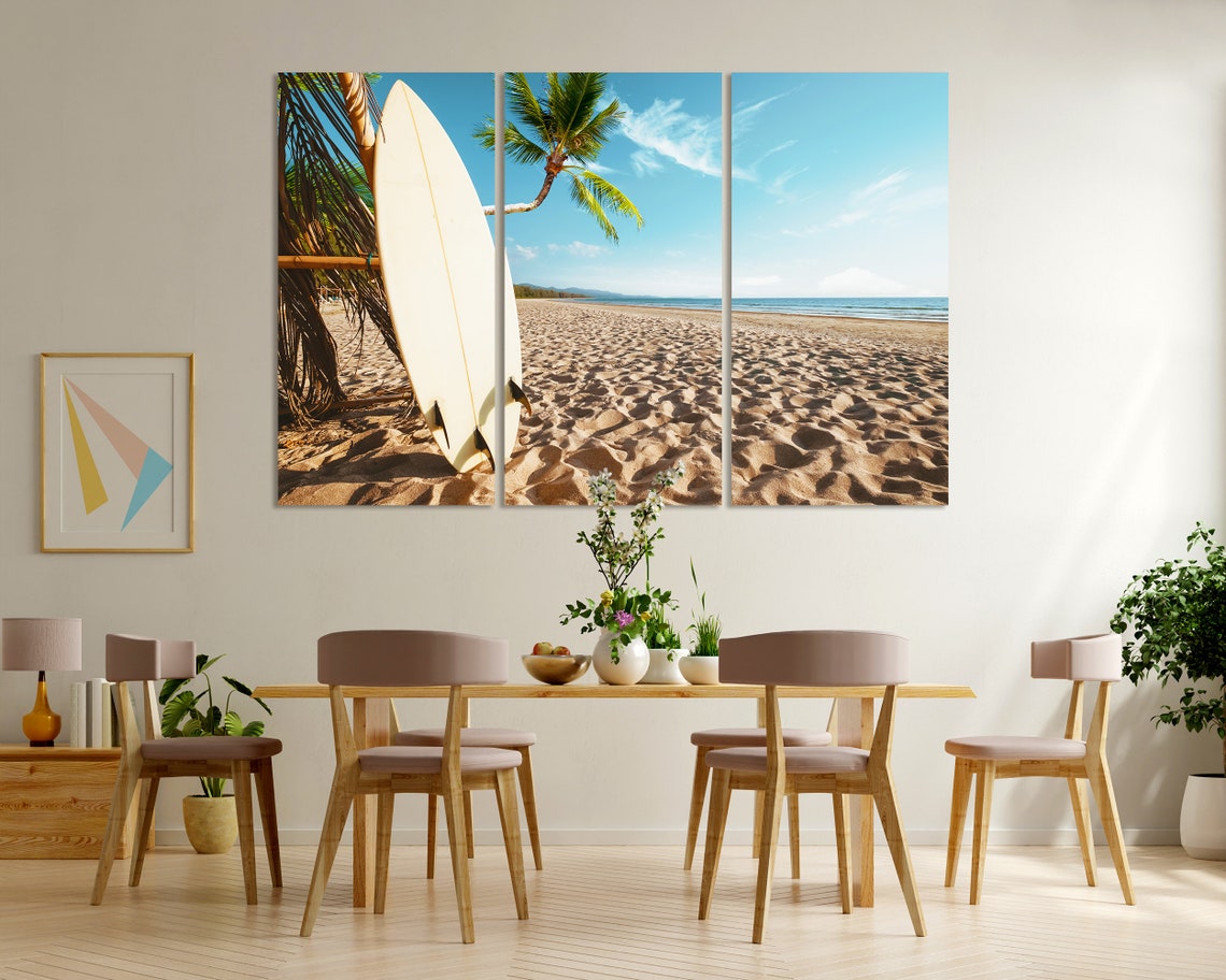 Surfboard on Sandy Beach Palm Trees Tropical Shore Travel Poster - Image 8