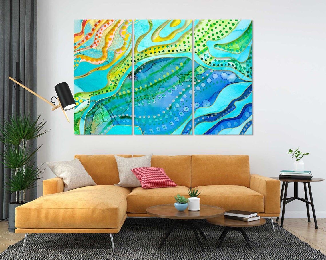 Turquoise Blue Green Yellow Abstract Waves Dotted Flow Art Poster - Image 5
