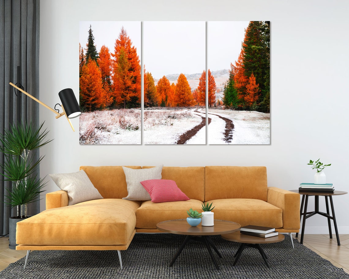 First Snow In Autumn Forest Orange Larch Trees Winter Path Poster - Image 5