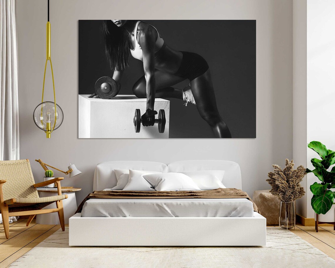 Black White Fitness Woman Dumbbells Workout Gym Motivation Wall Art Poster