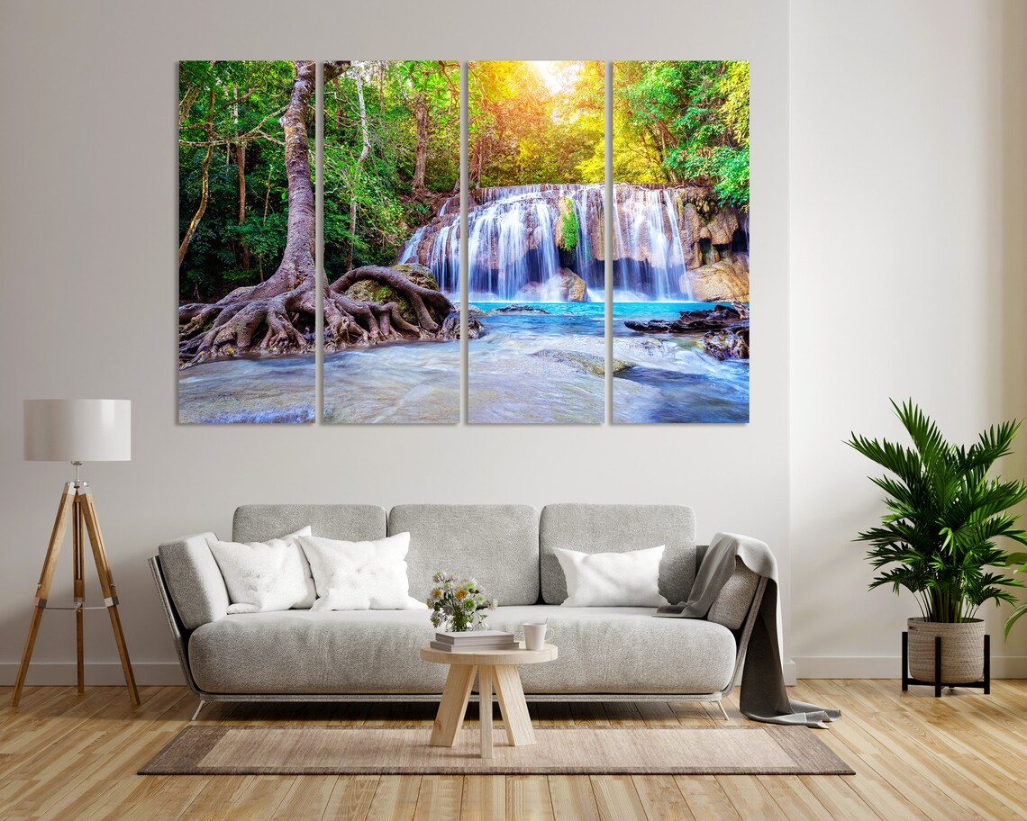 Forest Waterfall With Emerald Pool In Nature Home Decoration Forest River Wall Painting Waterfall Print Sets Green Forest Wall Art - Image 8