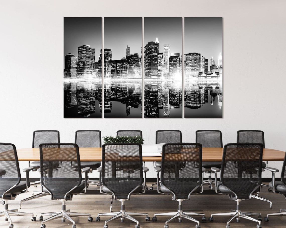 New York City Night Skyline Black White Mirrored Reflection Poster - Image 8