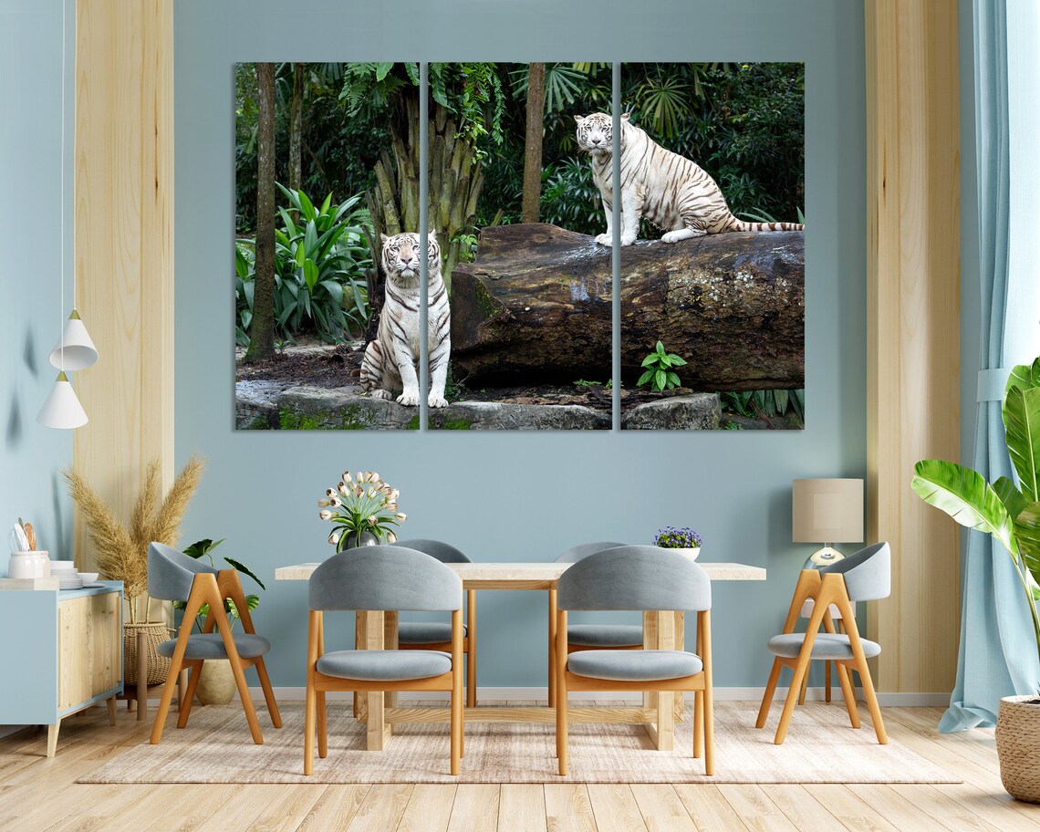 White Bengal Tigers Jungle Rocks Wildlife Photography Wall Decor Poster - Image 6