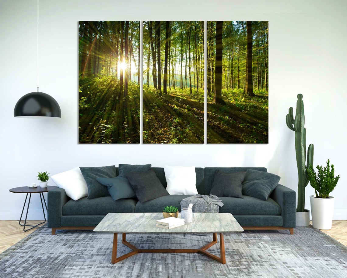 Sunlit Green Forest Sunbeams Through Tall Trees Nature Calm Poster - Image 2