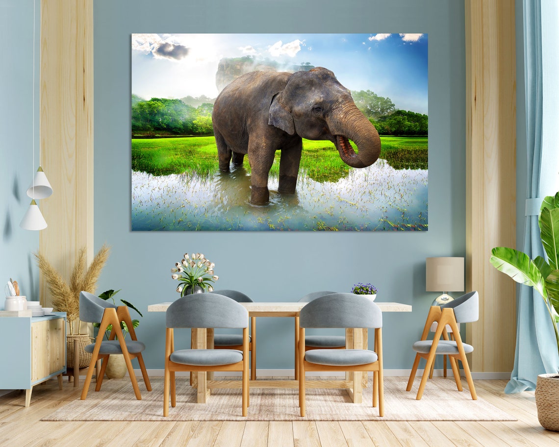 Asian Elephant Standing in Pond Green Field Mist Wildlife Poster - Image 3