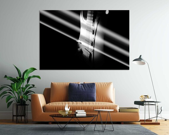 Black White Electric Guitar Sunbeam Rays Music Lover Wall Decor Poster