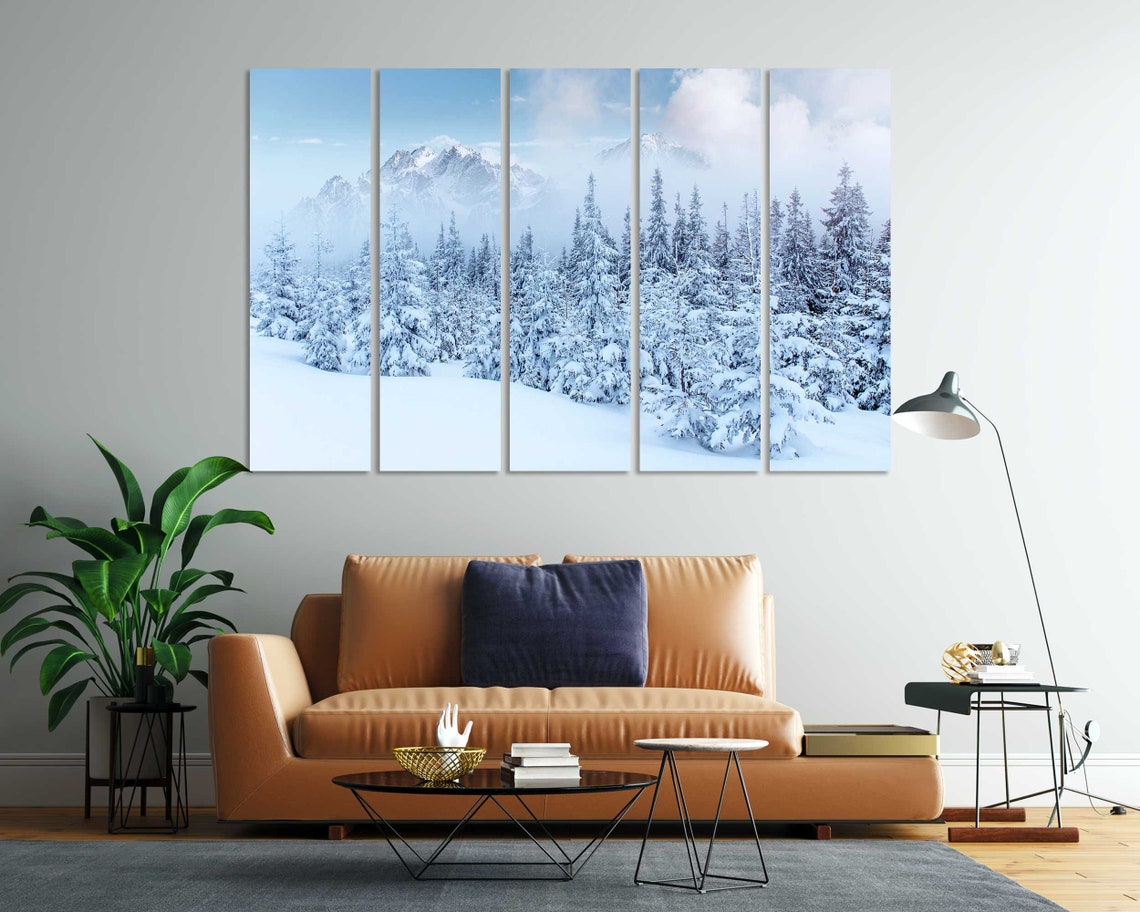 Snowy Mountain Forest Winter Landscape Blue 3 Panel Split Poster - Image 7