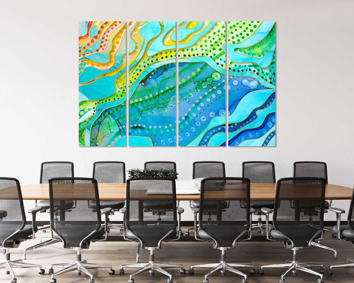 Turquoise Blue Green Yellow Abstract Waves Dotted Flow Art Poster - Image 4