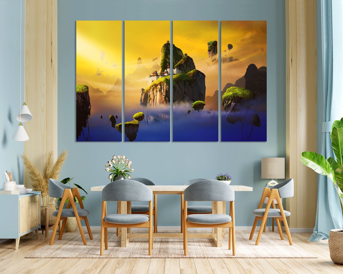 Chinese Fantasy Floating Islands Temple Golden Sunset Sky Art Print - Image 3