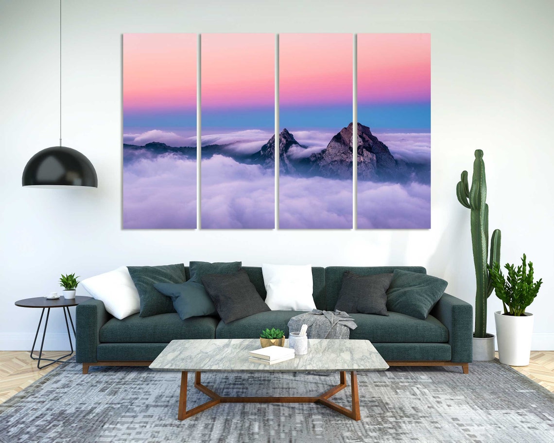 Mountain Peaks Rising Above Clouds at Pink Sunset Sky Landscape Poster - Image 2