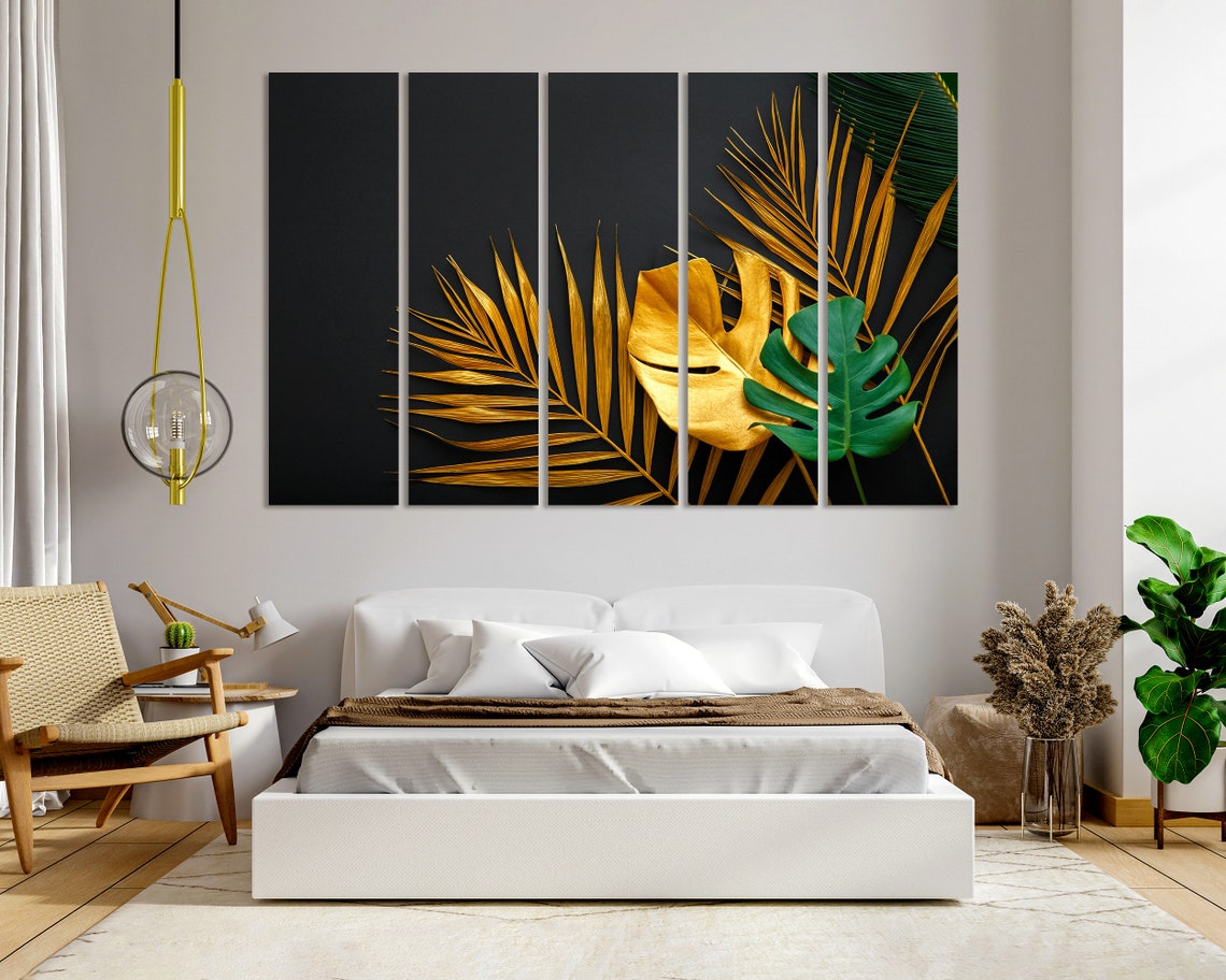 Gold Tropical Palm Leaves Monstera Black Background Botanical Poster - Image 6
