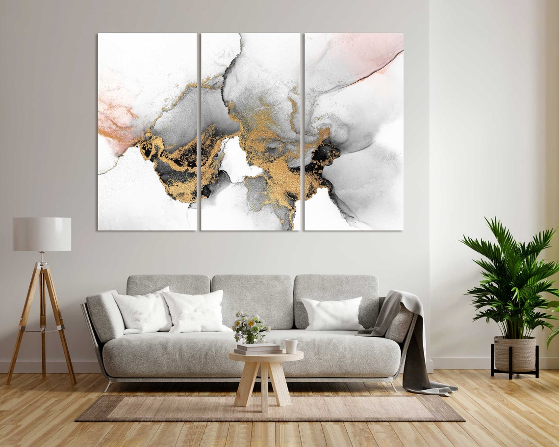 White Gray Gold Marble Abstract Watercolor Three Panel Modern Wall Art