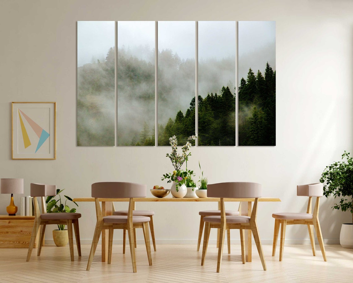 Misty Evergreen Forest In Fog Triptych Moody Pine Trees Wall Poster - Image 7
