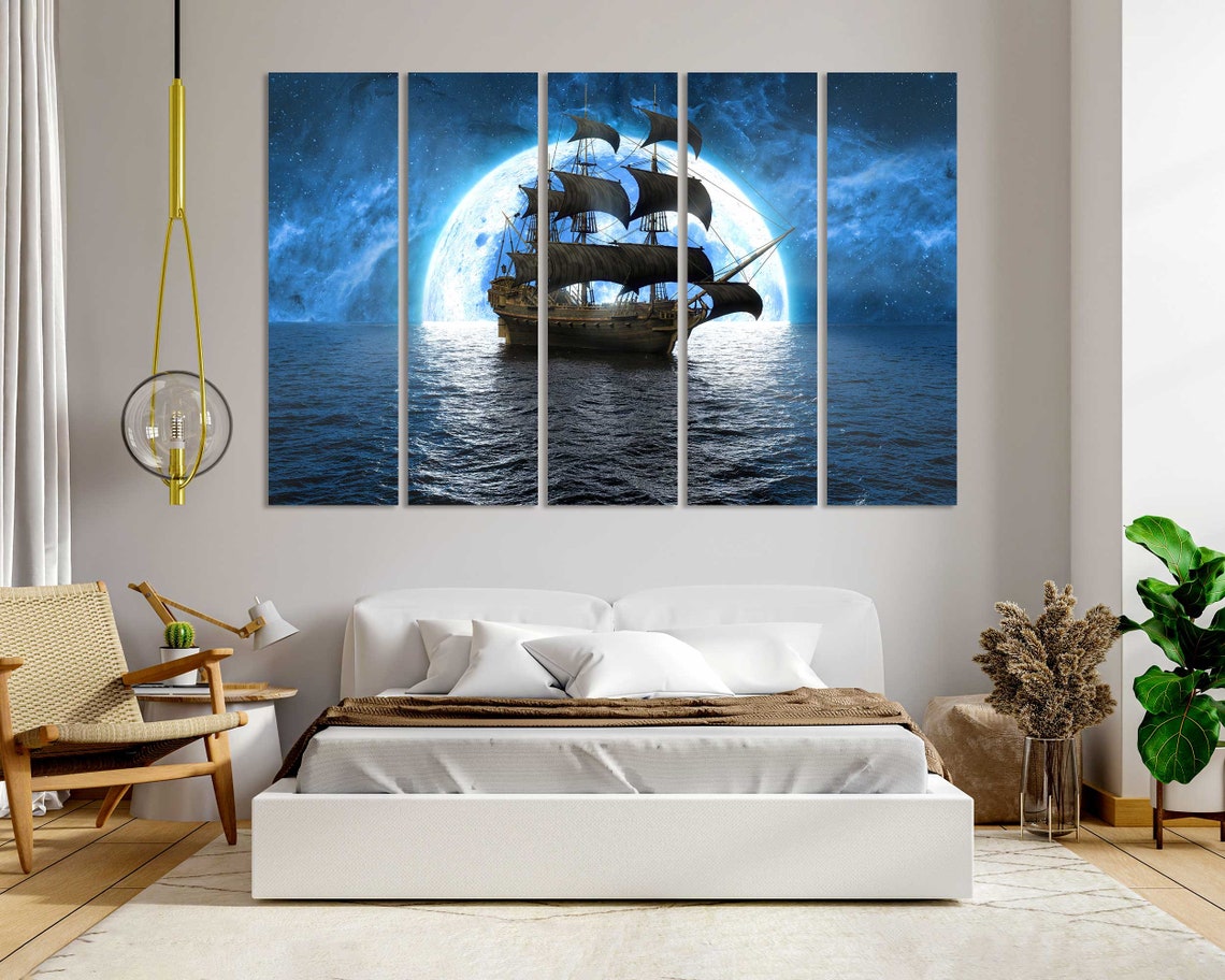 Tall Ship Sailing Under Giant Full Moon Night Seascape Fantasy Poster - Image 6
