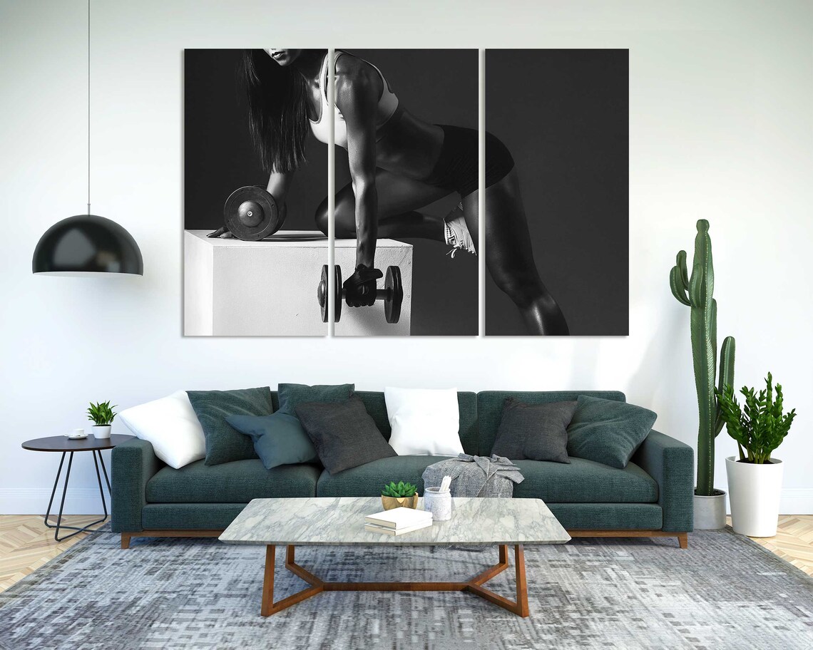 Black White Fitness Woman Dumbbells Workout Gym Motivation Wall Art Poster - Image 2