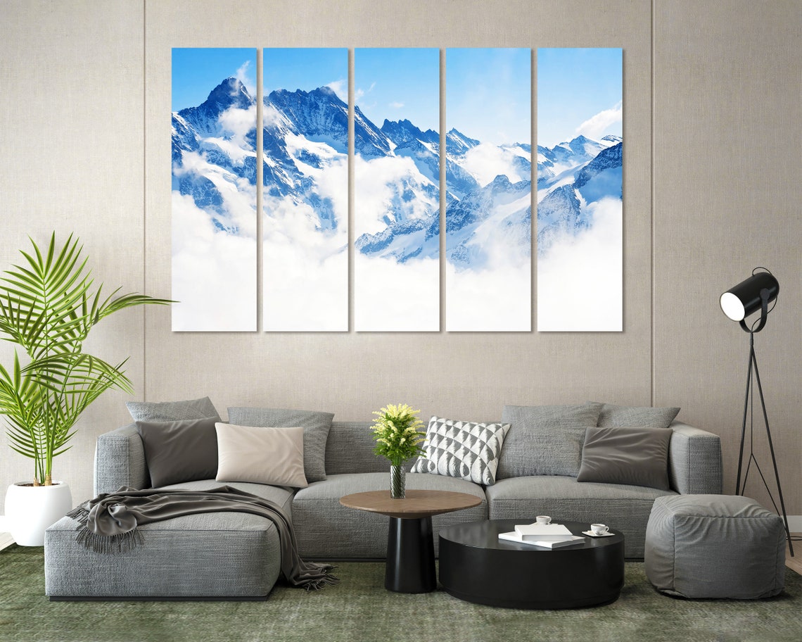 Snowy Blue Alps Peaks Towering Above White Clouds Mountain Poster - Image 2