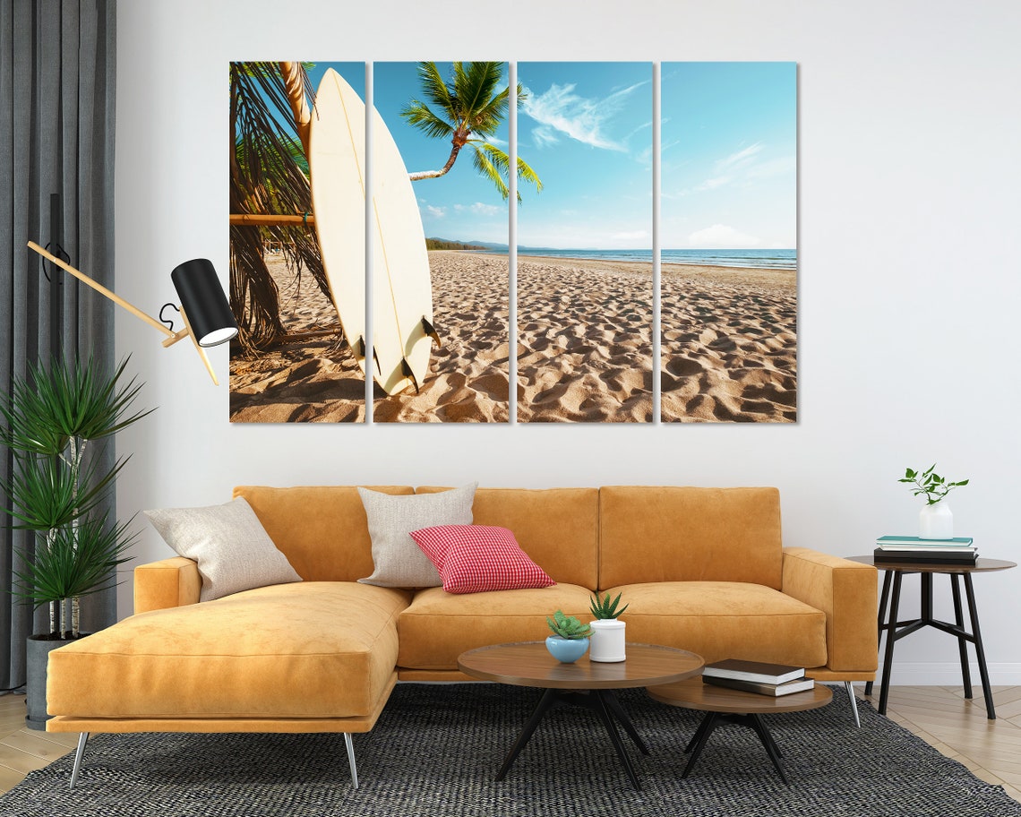 Surfboard on Sandy Beach Palm Trees Tropical Shore Travel Poster - Image 5