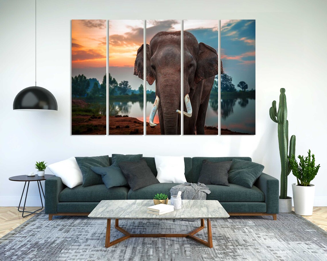 Elephant With Tusks At Sunset By The Lake Wildlife Photo Poster - Image 2